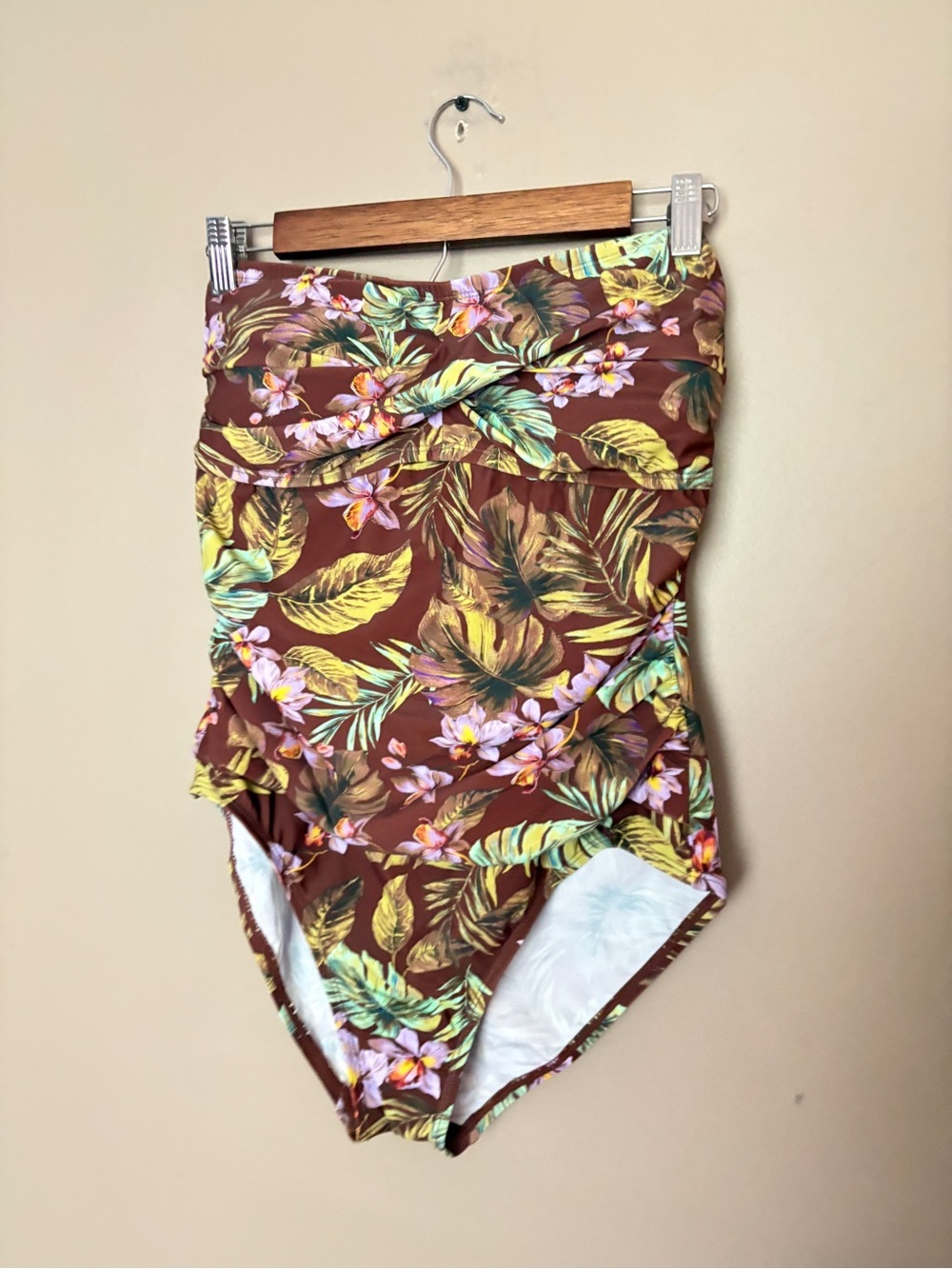 Shade & Shore tropical one piece swimsuit strapless bandeau ruching beach L NWT